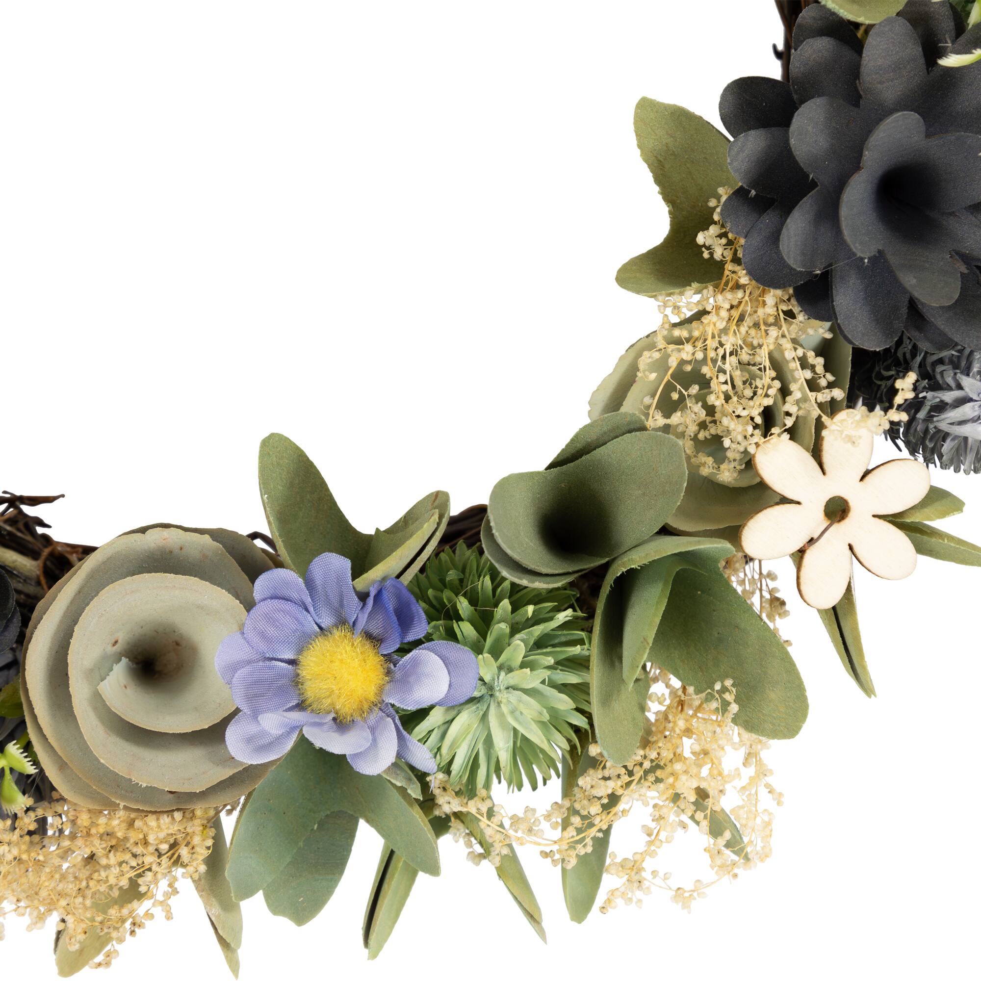 10.5" Green & Blue Wooden Mixed Floral Artificial Spring Wreath